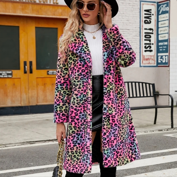 Jackets & Blazers - Women's Warm Faux Fox Fur Long Coat Leopard Leisure Long Jacket